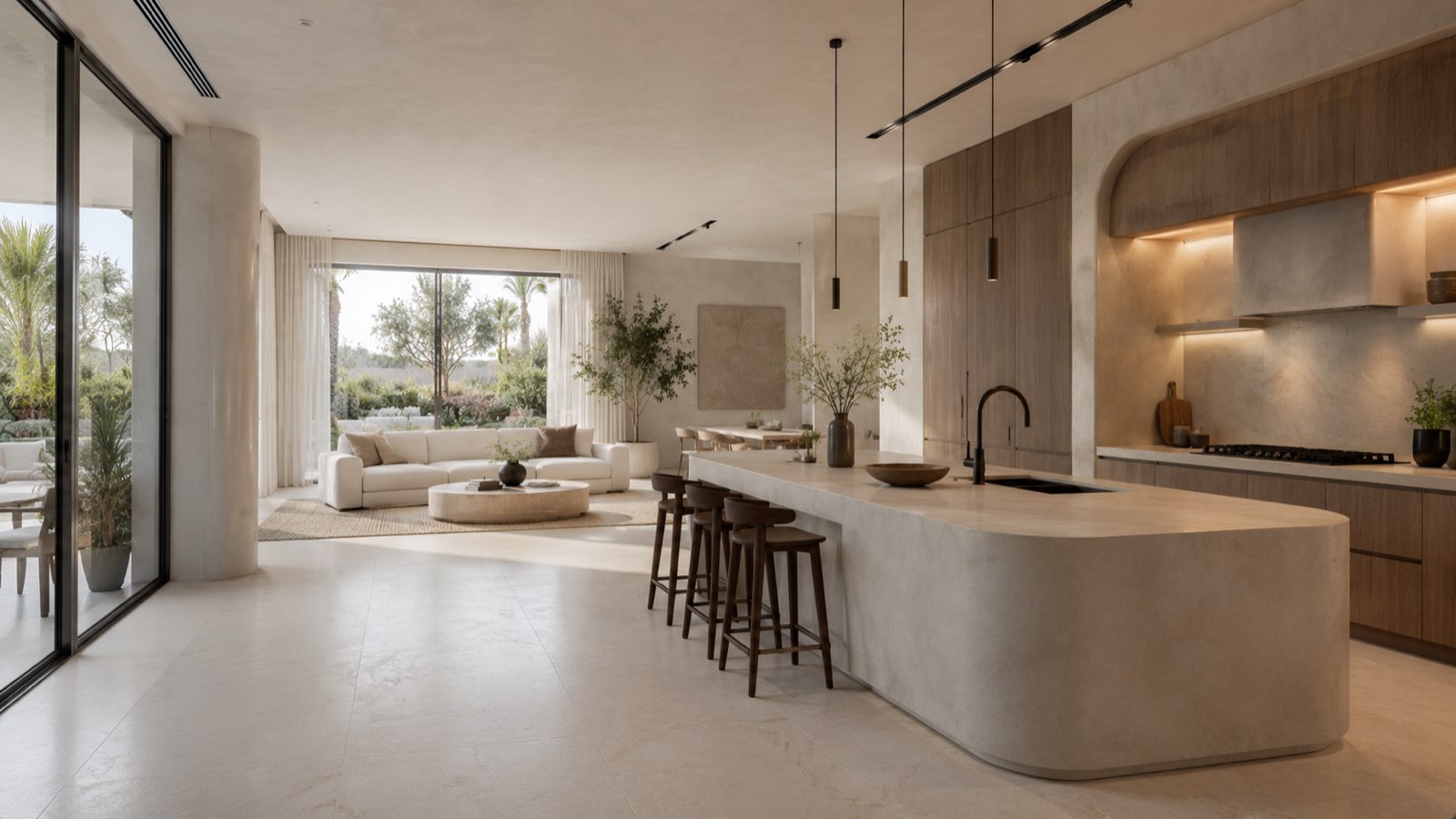 An open-plan villa kitchen and living room finished in seamless hand-applied microcement
