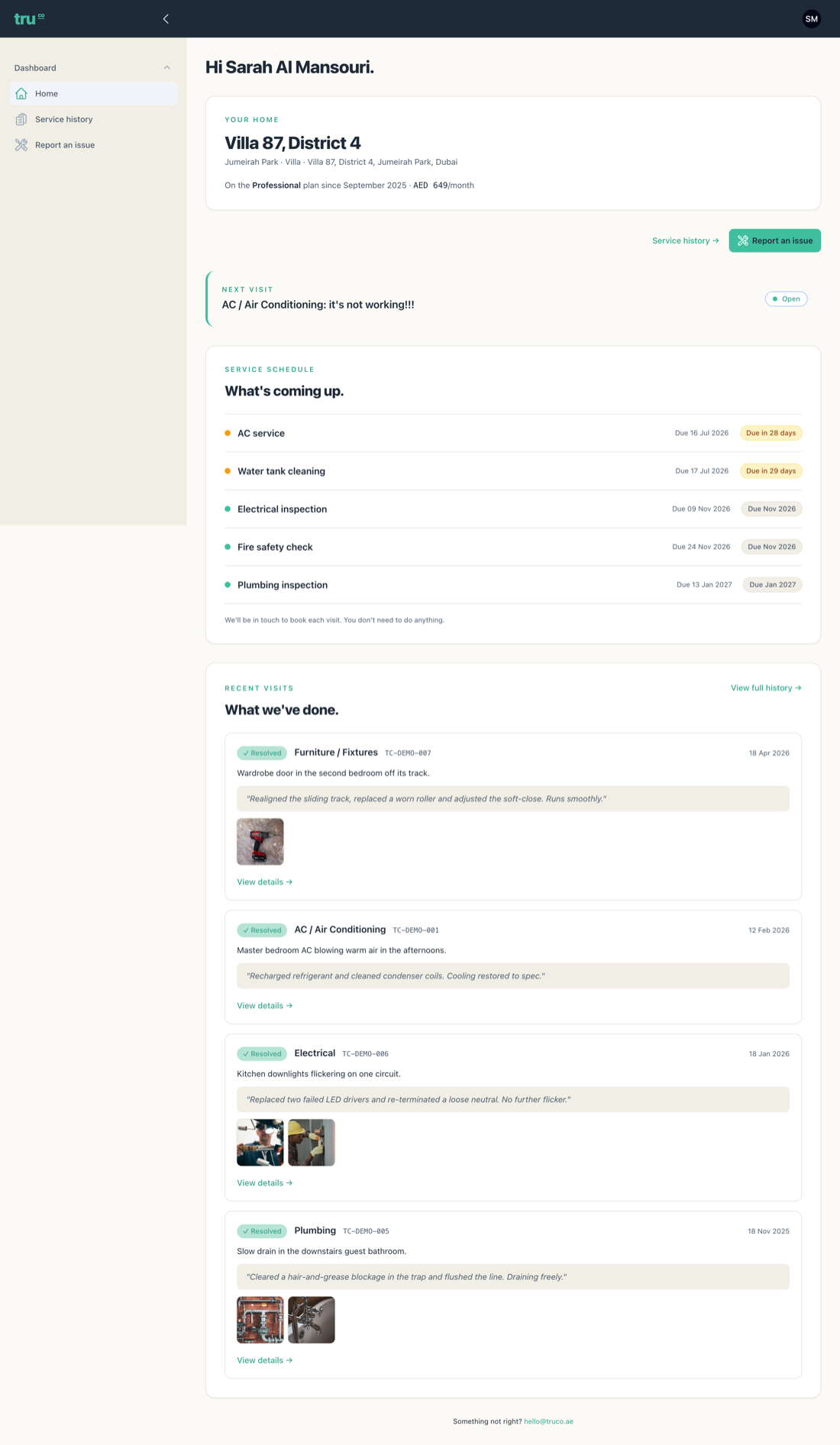 TruCo resident dashboard showing plan, next visit and schedule