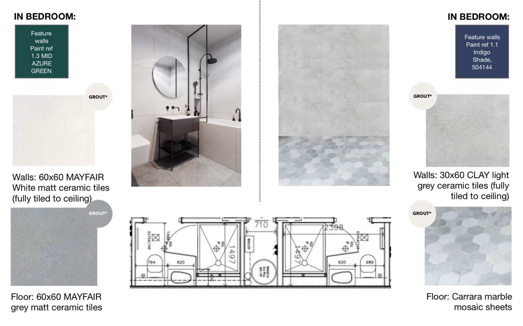 Design specification board with paint, tile and grout references